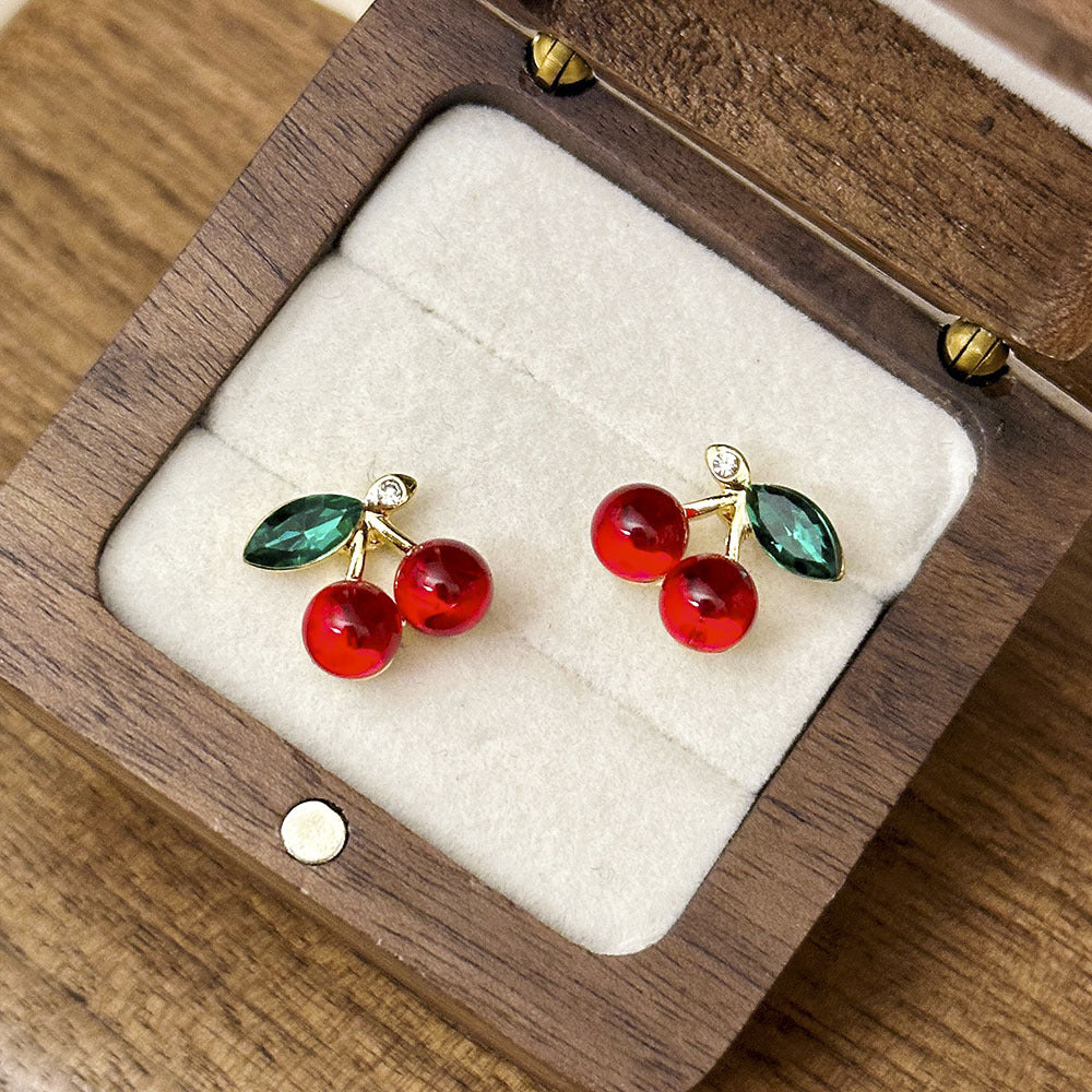 Cherry Stud Earrings, Red Beads & Green Leaf, Gold Tone, S925 Posts