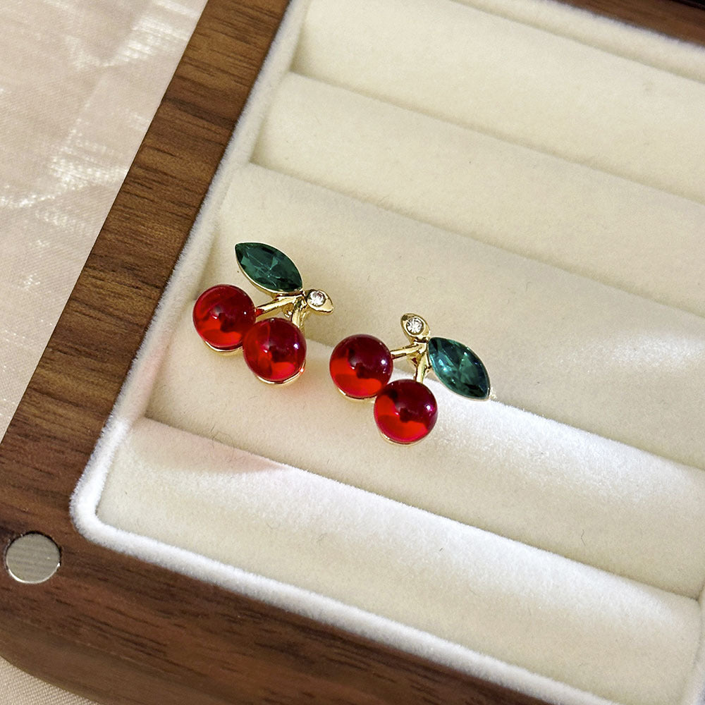 Cherry Stud Earrings, Red Beads & Green Leaf, Gold Tone, S925 Posts
