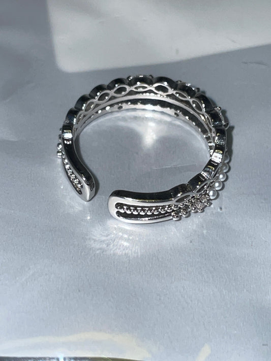 Adjustable Silver-Tone CZ and Faux Pearl Open Cuff Ring