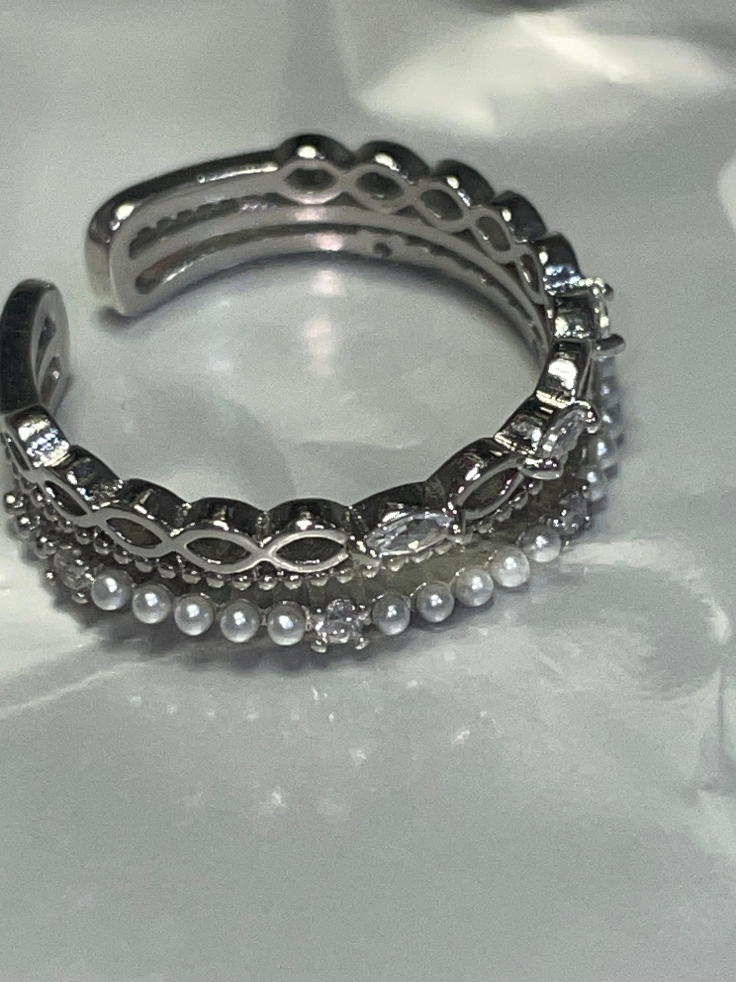 Adjustable Silver-Tone CZ and Faux Pearl Open Cuff Ring