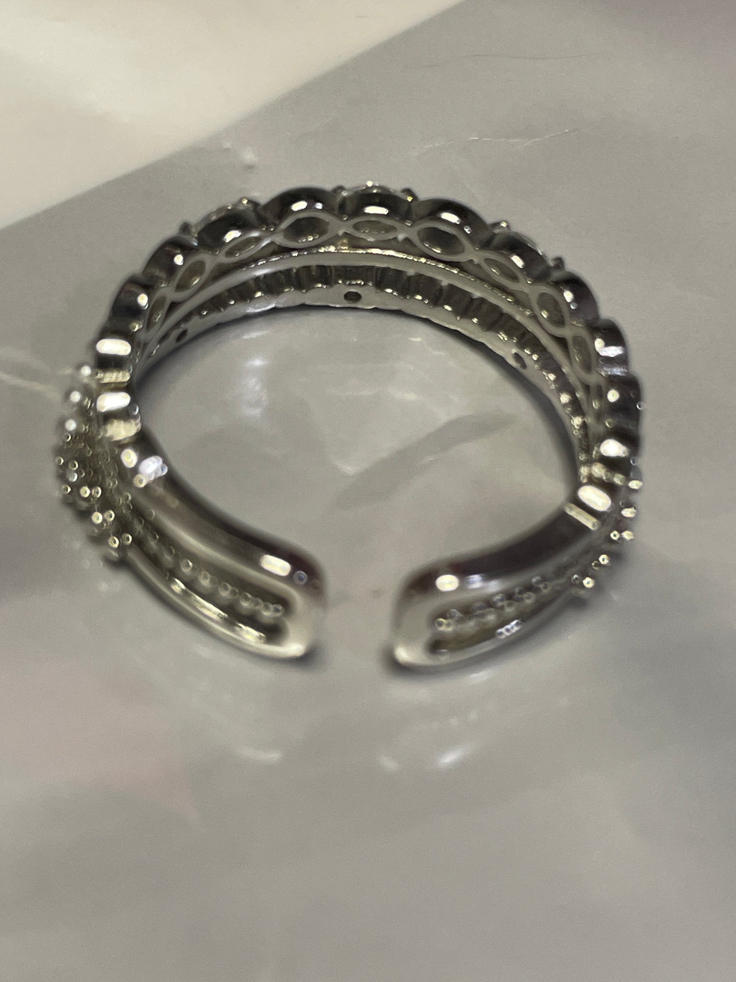 Adjustable Silver-Tone CZ and Faux Pearl Open Cuff Ring