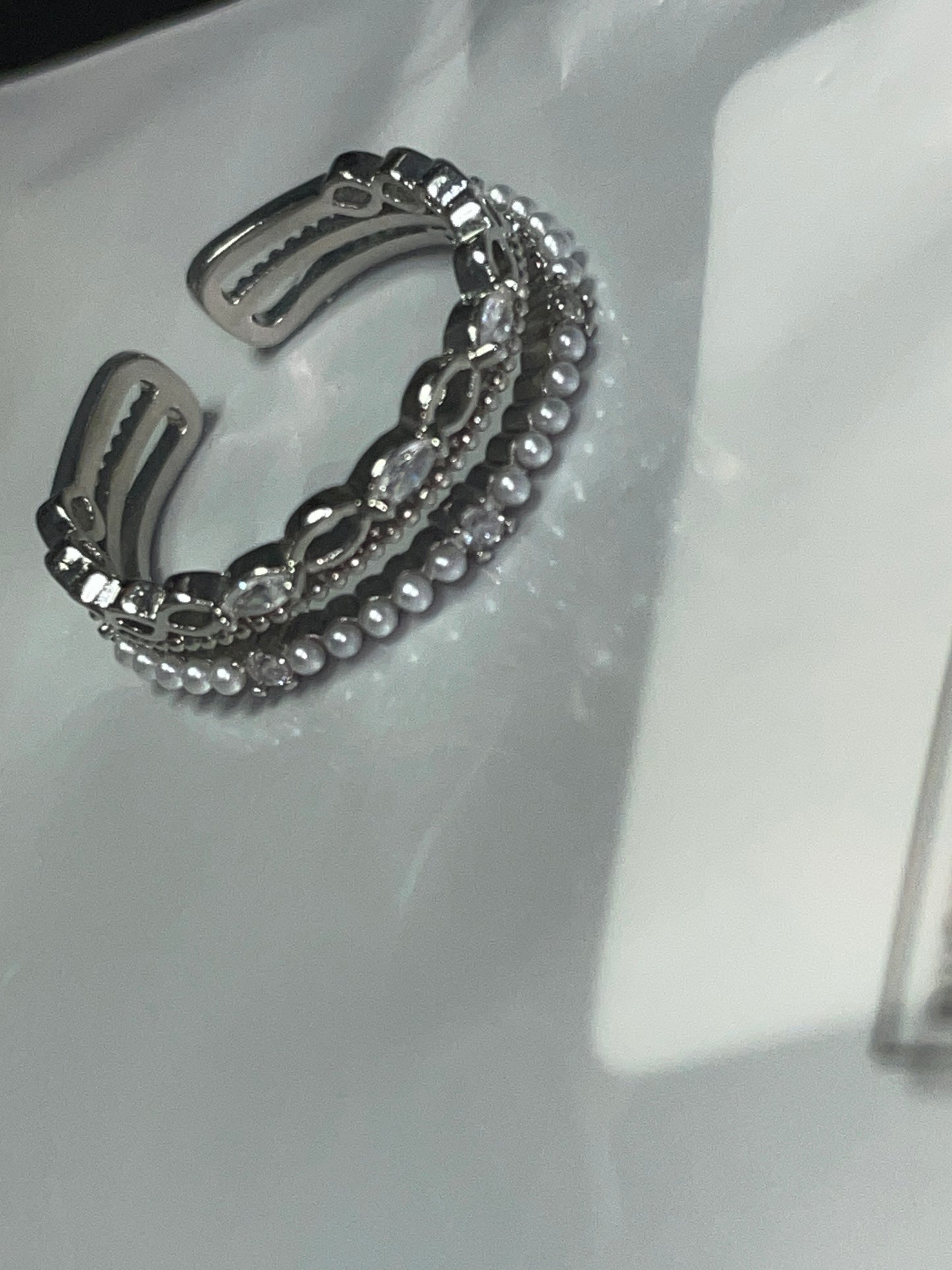 Adjustable Silver-Tone CZ and Faux Pearl Open Cuff Ring