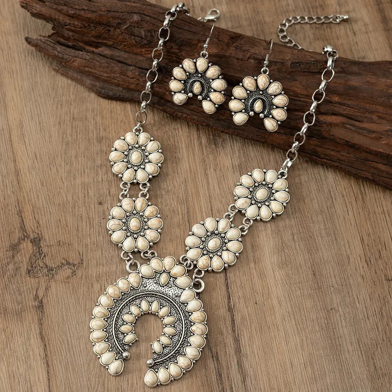 Boho Squash Blossom Necklace & Earring Set with Cream Stone Flower Medallions