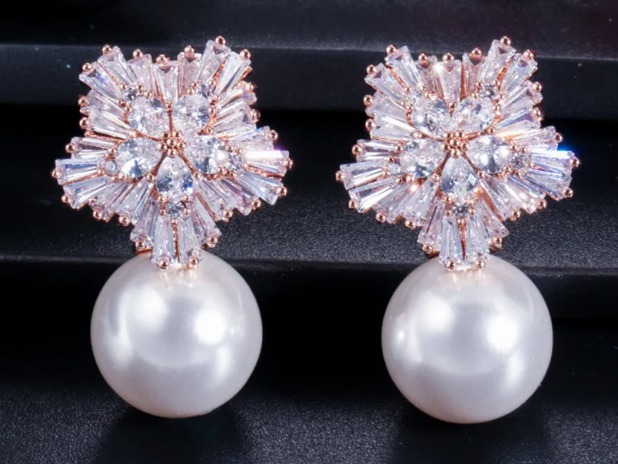 Elegant Rose Gold Plated Cubic Zirconia & Faux Pearl Drop Earrings for Women