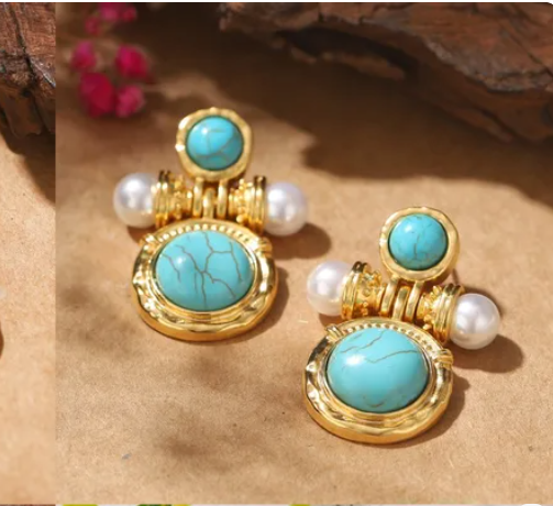 Retro Turquoise & White Pearl Drop Earrings - 18K Gold Plated Alloy Fashion Jewelry
