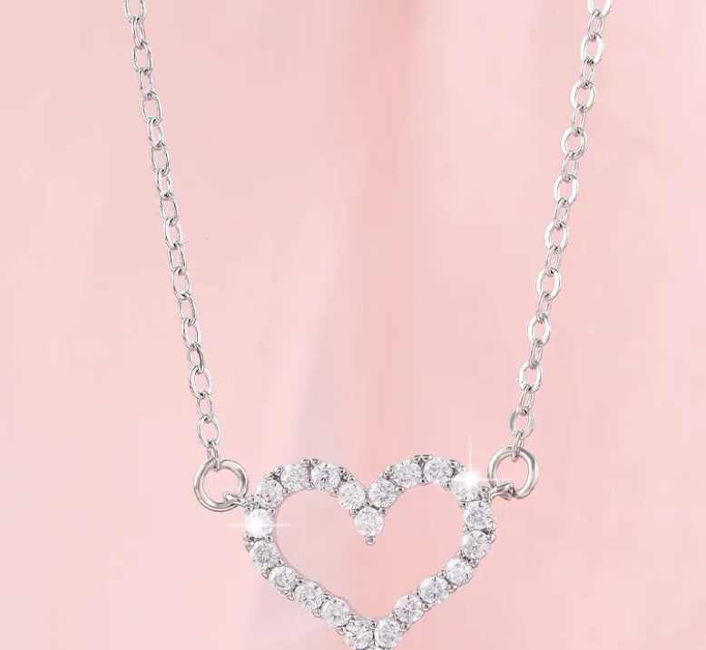 Sparkling Heart Pendant Necklace for Women - Silver Tone, Glam & Cute