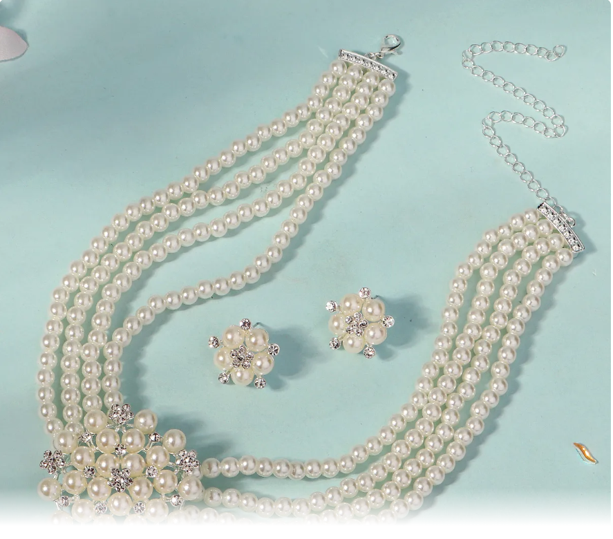 Glamorous Multi-Strand Imitation Pearl Necklace & Earring Jewelry Set – Wedding/Prom