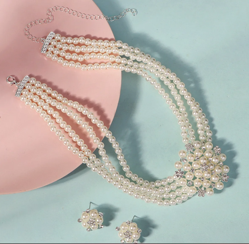 Glamorous Multi-Strand Imitation Pearl Necklace & Earring Jewelry Set – Wedding/Prom