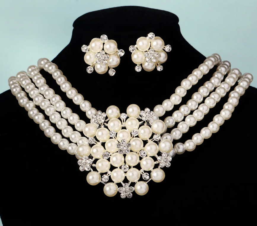 Glamorous Multi-Strand Imitation Pearl Necklace & Earring Jewelry Set – Wedding/Prom