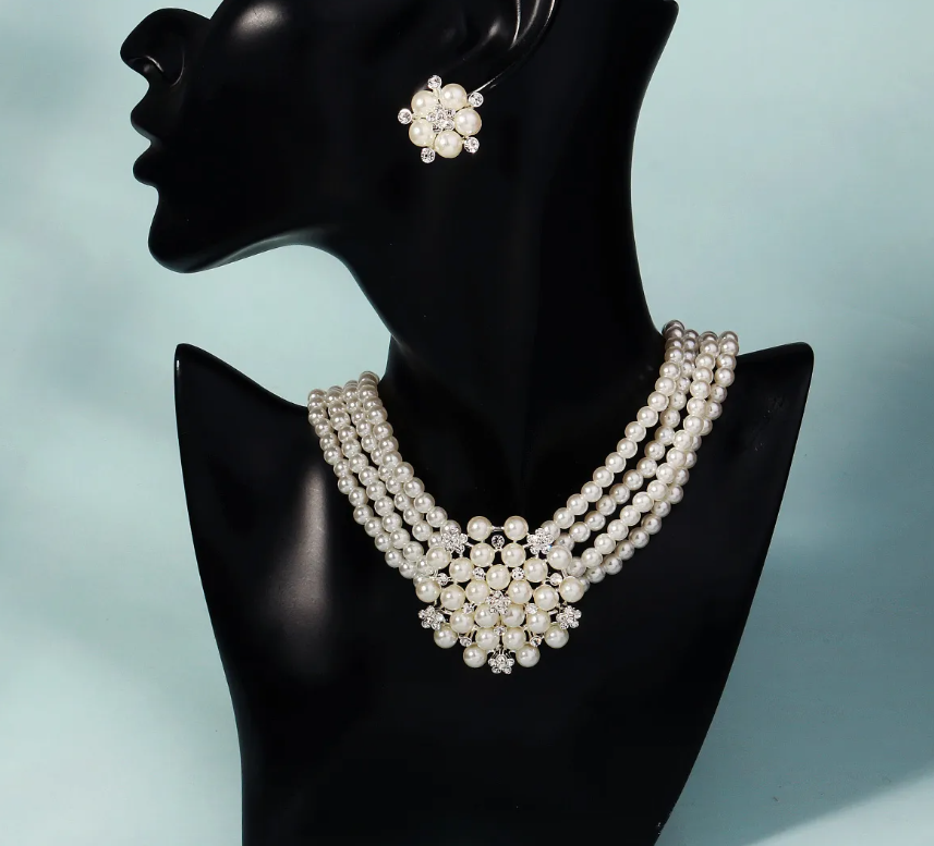 Glamorous Multi-Strand Imitation Pearl Necklace & Earring Jewelry Set – Wedding/Prom