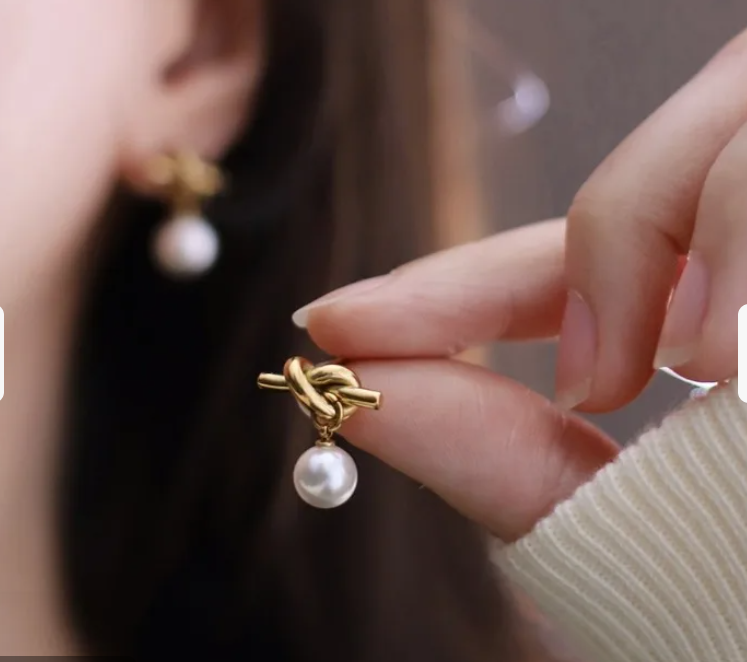 Elegant Knot & Pearl Drop Earrings - 18K Gold Plated Stainless Steel Dangle Studs