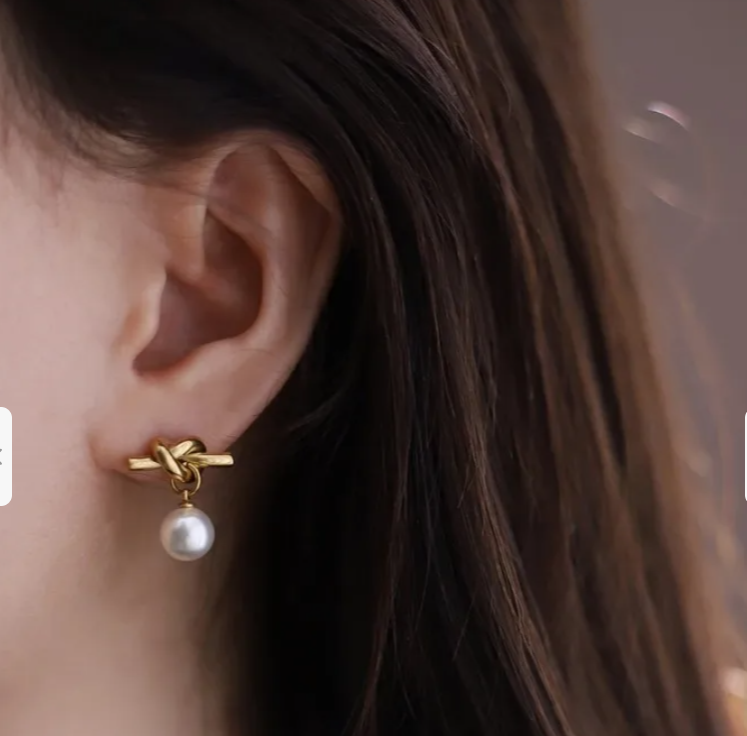 Elegant Knot & Pearl Drop Earrings - 18K Gold Plated Stainless Steel Dangle Studs