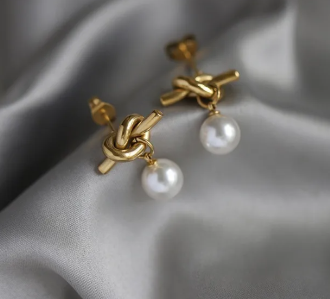 Elegant Knot & Pearl Drop Earrings - 18K Gold Plated Stainless Steel Dangle Studs
