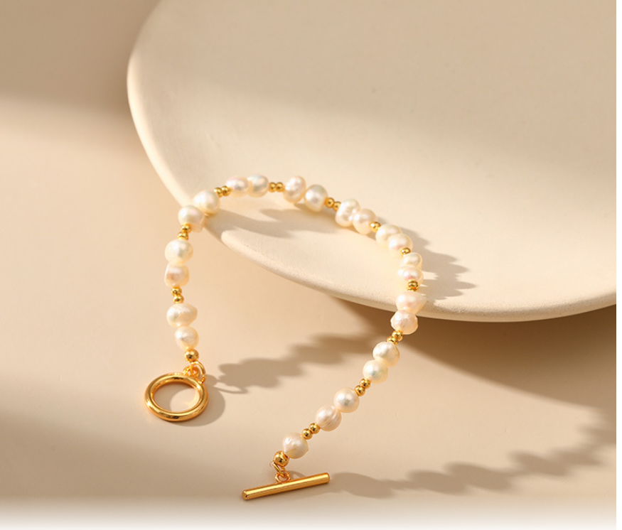Women's Vintage Style 18K Gold Plated Freshwater Pearl Toggle Bracelet - 17cm/6.69in