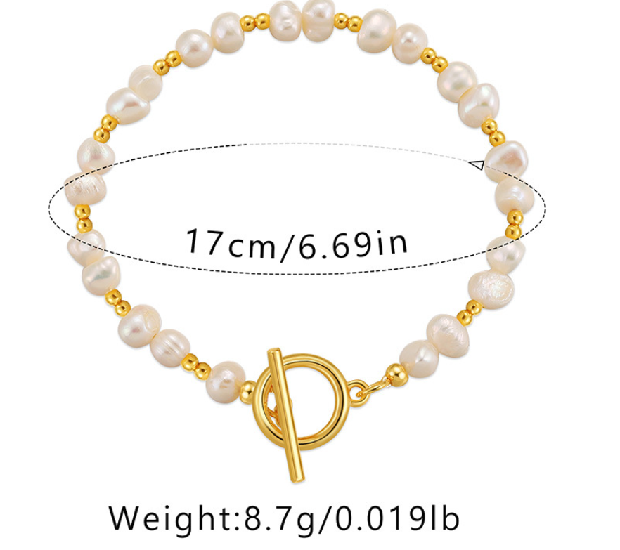 Women's Vintage Style 18K Gold Plated Freshwater Pearl Toggle Bracelet - 17cm/6.69in