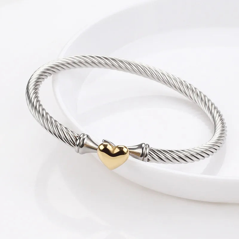 Stainless Steel Twisted Cable Bangle with Gold Heart Charm