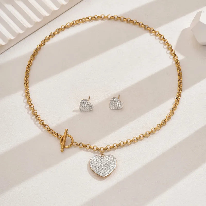 Gold Chain Necklace & Earring Set with Rhinestone Heart Pendant & Toggle Clasp