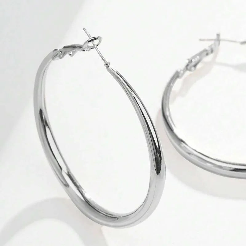 Polished Hoop Earrings Classic Silver Tone Circle Design, Titanium Posts