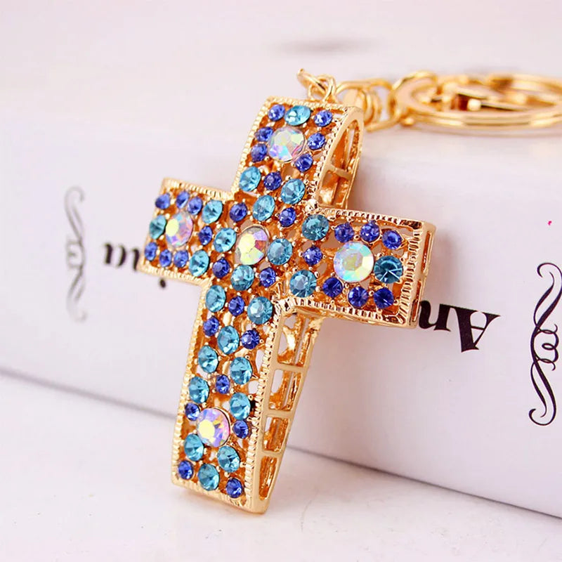 Gold Tone Cross Keychain Blue Rhinestone Pave with Lobster Clasp