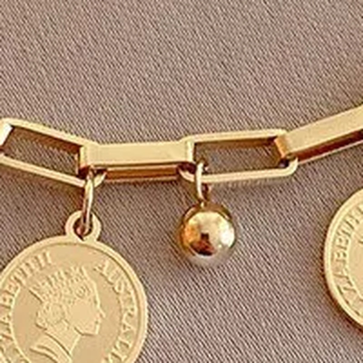 Royal Theme Gold Tone Paperclip Chain Bracelet with Coin and Bead Charms