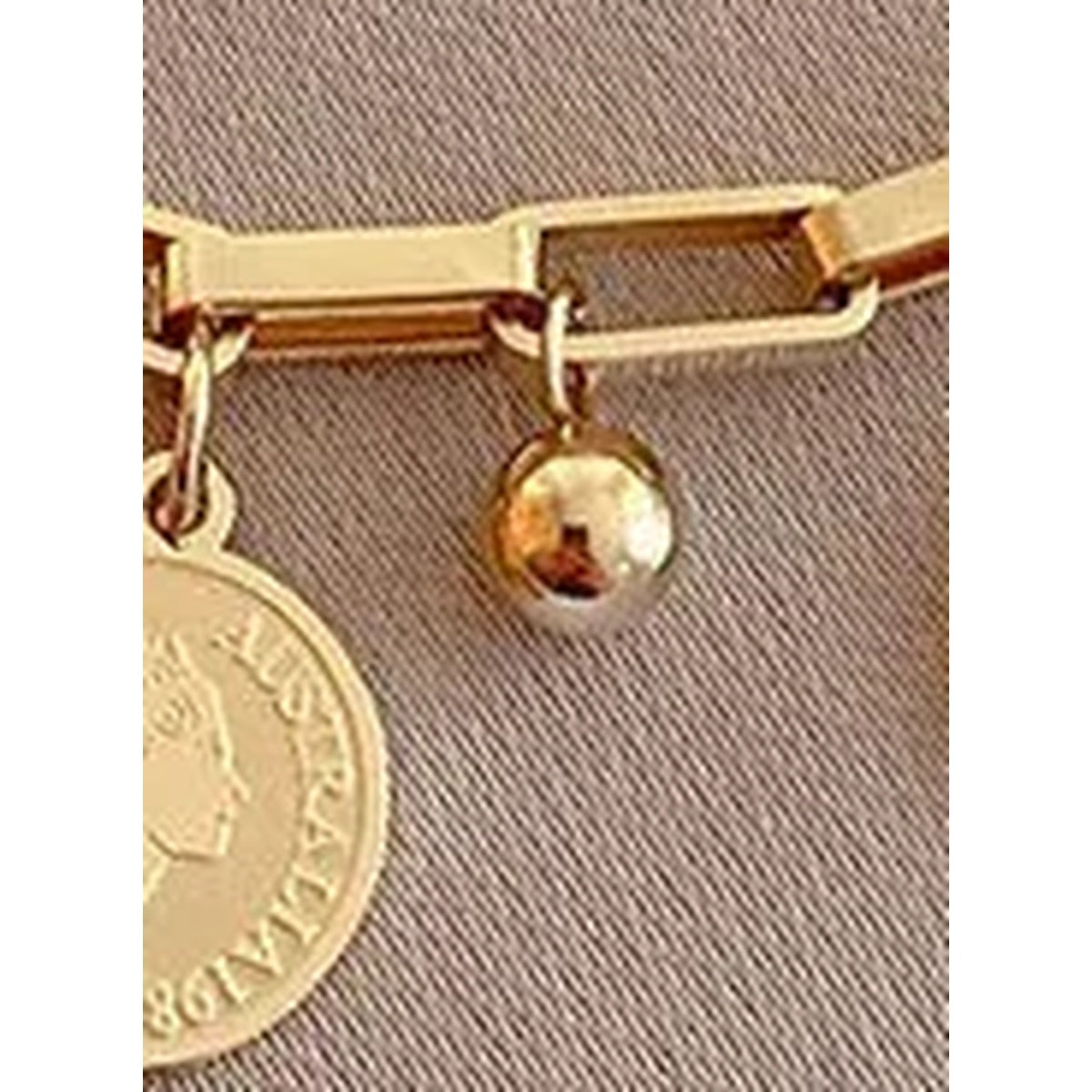 Royal Theme Gold Tone Paperclip Chain Bracelet with Coin and Bead Charms