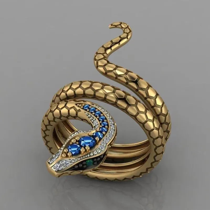 Gold Tone Snake Wrap Ring with Blue and White CZ Accents