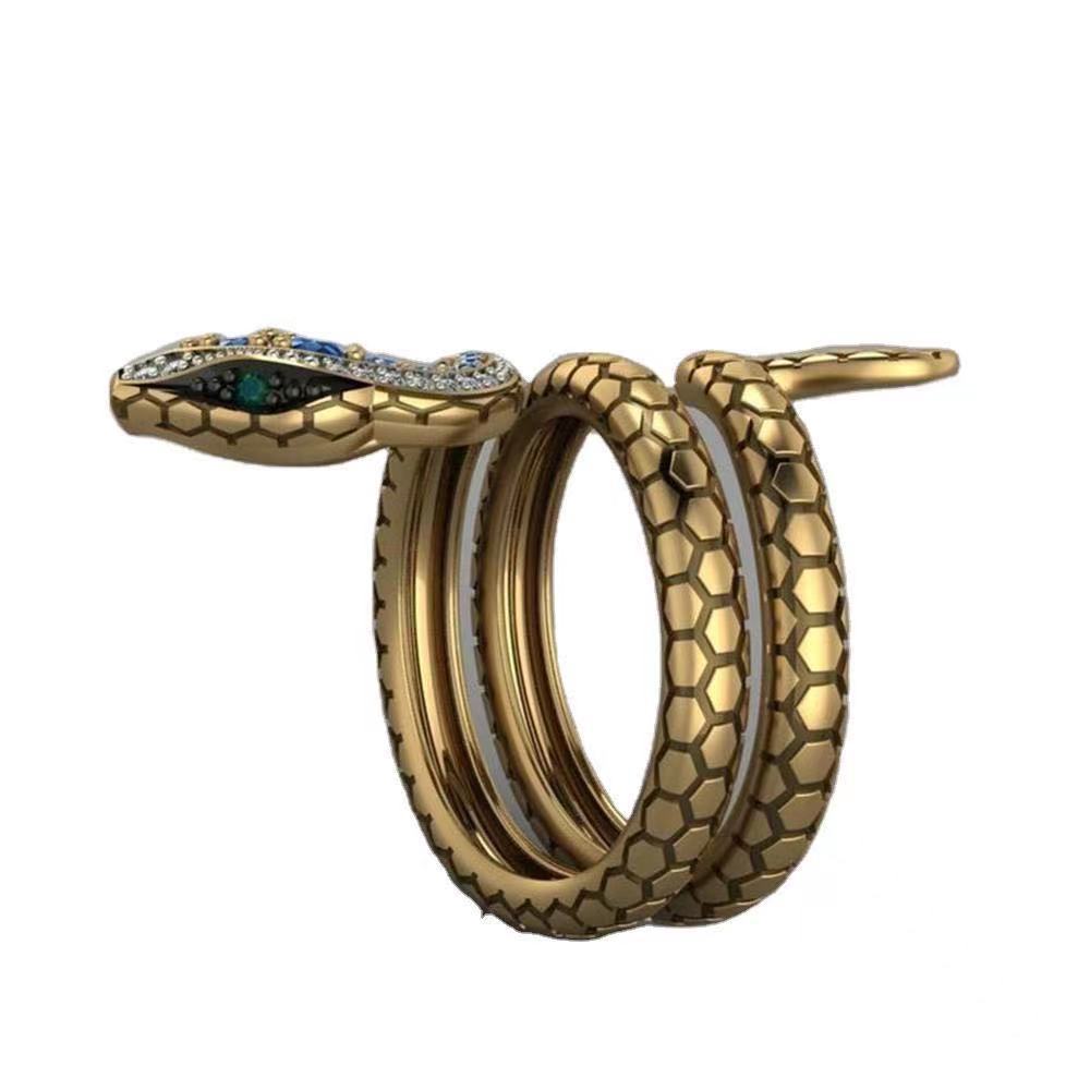 Gold Tone Snake Wrap Ring with Blue and White CZ Accents