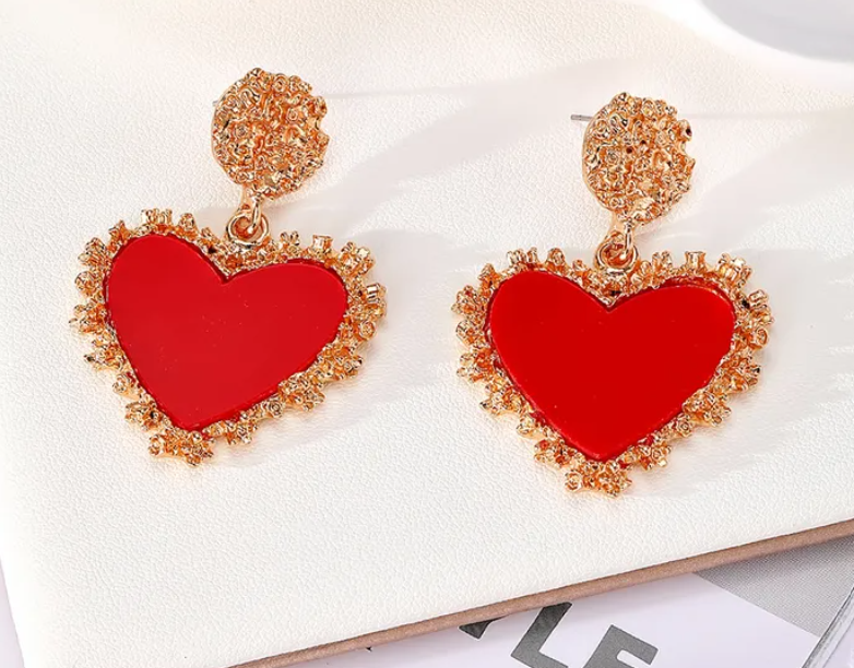 Cute Sweet Red Heart Drop Earrings - Gold Tone Textured Alloy