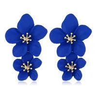 Metal Double Flower Drop Earrings with Gold Stamen Centers - Multiple Colors