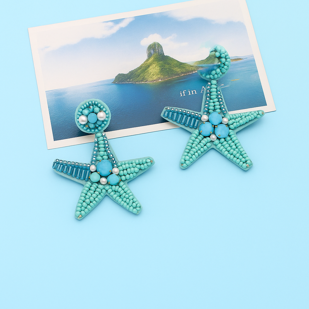 Turquoise Beaded Starfish Statement Earrings