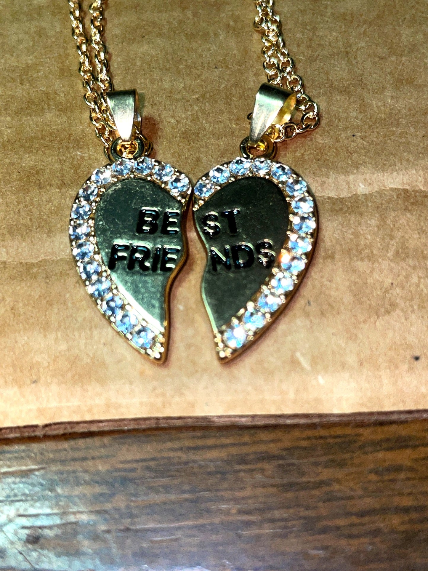 Gold Tone Best Friends Heart Pendant Necklace with Rhinestones (2 Piece)