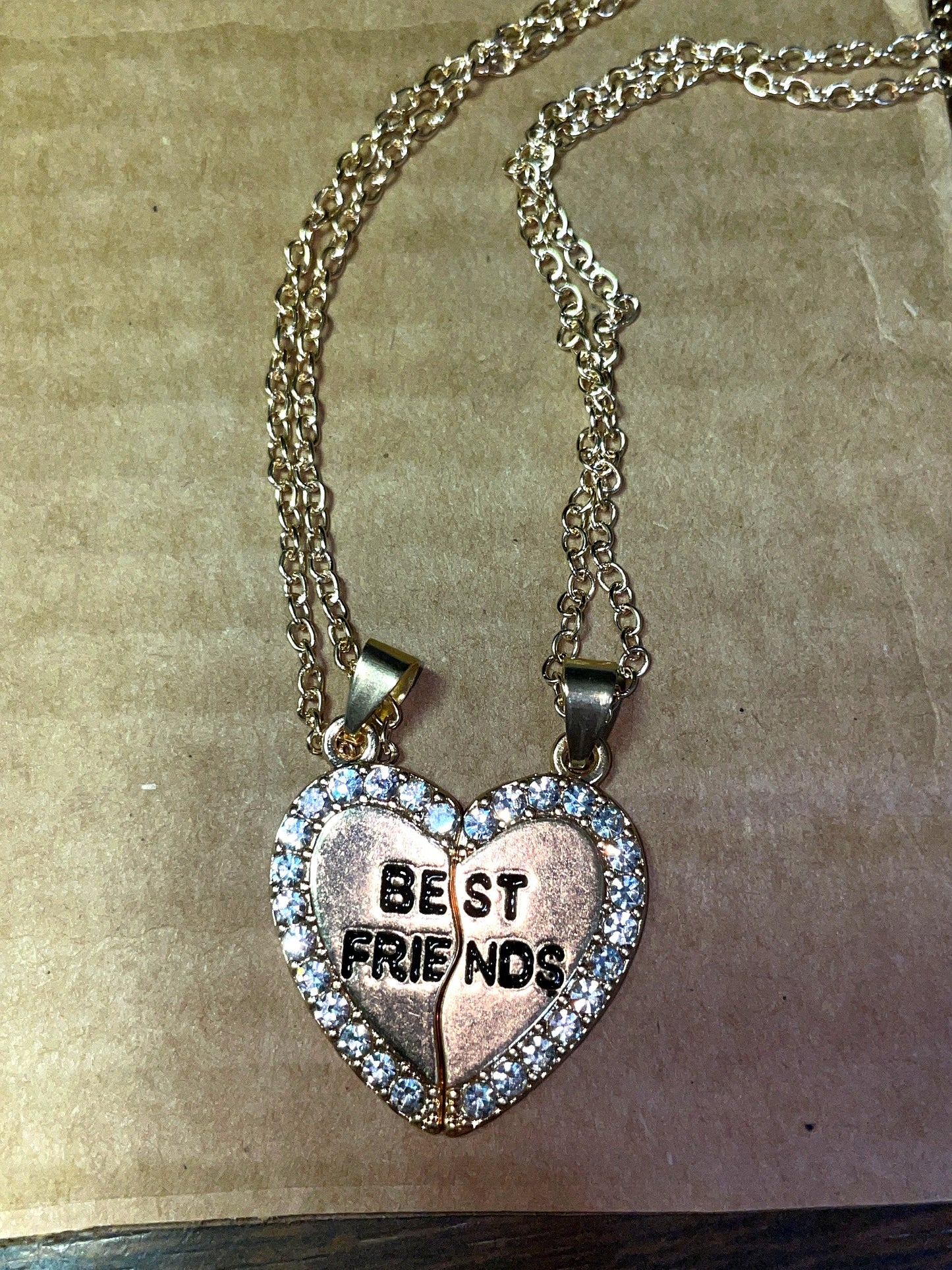 Gold Tone Best Friends Heart Pendant Necklace with Rhinestones (2 Piece)
