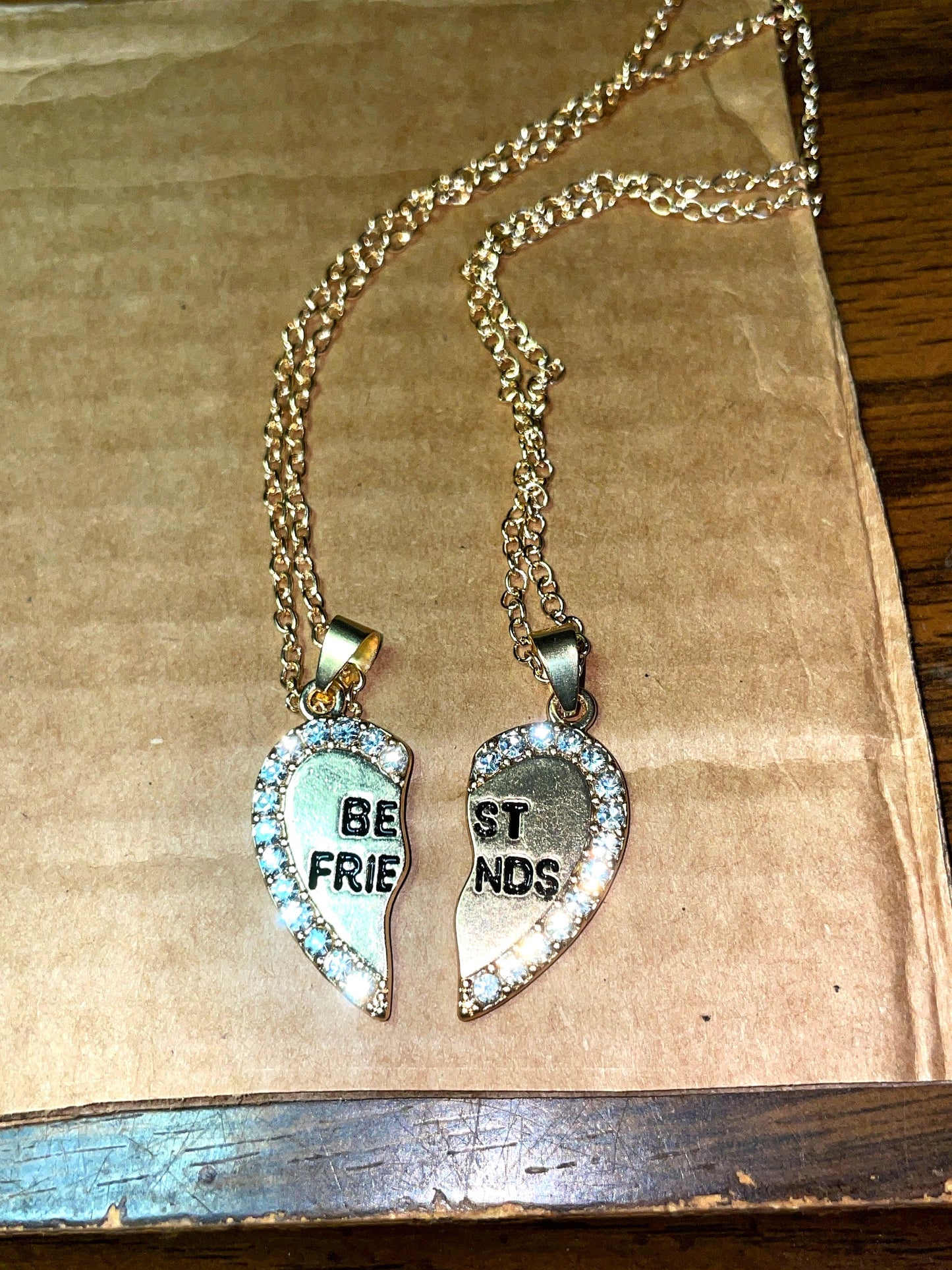 Gold Tone Best Friends Heart Pendant Necklace with Rhinestones (2 Piece)