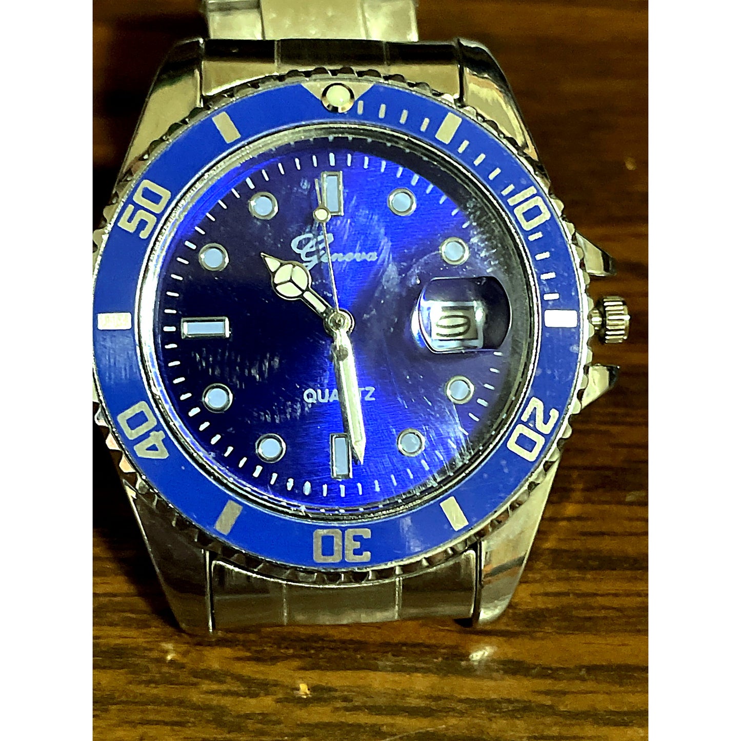 Geneva Blue Dial Quartz Watch Stainless Steel Band Men’s Fashion Wristwatch