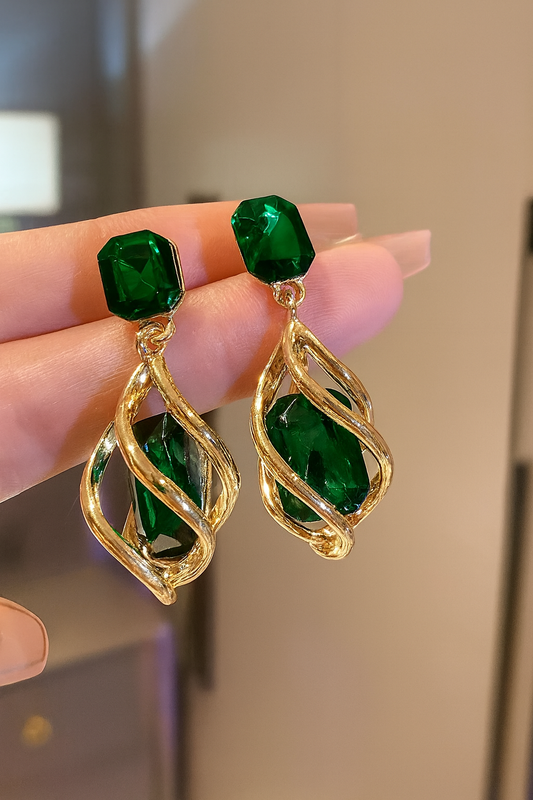 Emerald Green Dangle Earrings  Gold Tone Vine Design with Faceted Stones