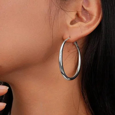 Polished Hoop Earrings Classic Silver Tone Circle Design, Titanium Posts