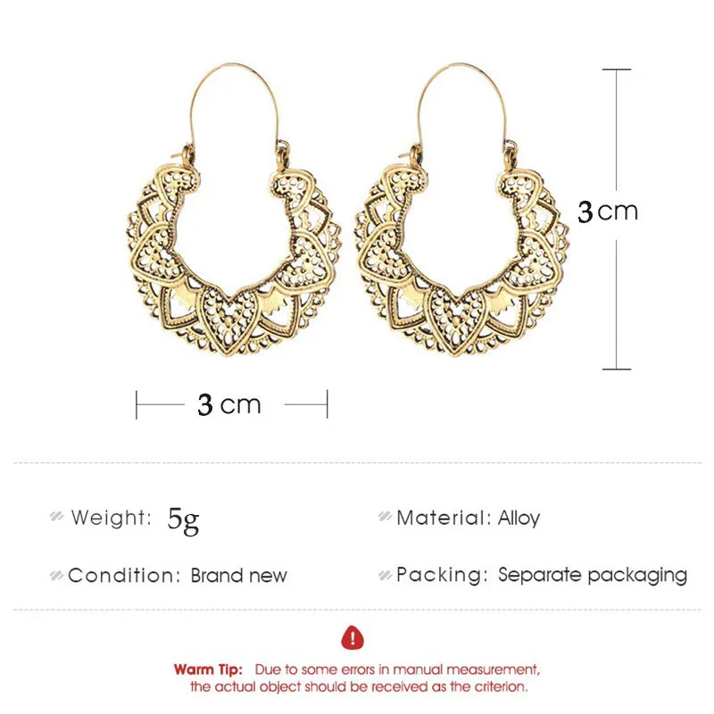 Retro Gold Tone Hoop Earrings with Heart & Filigree Flower Design