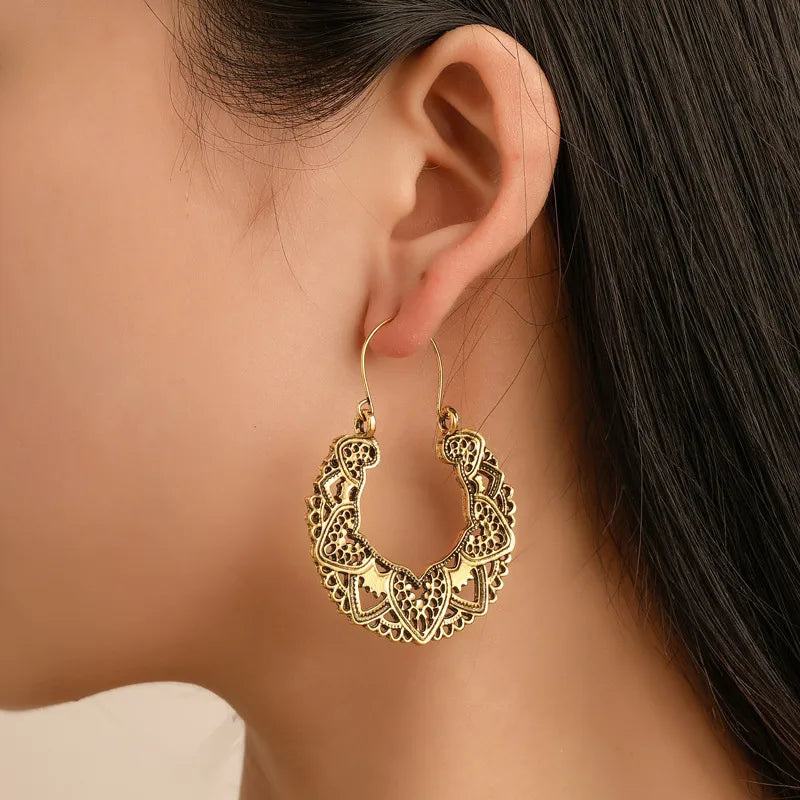 Retro Gold Tone Hoop Earrings with Heart & Filigree Flower Design