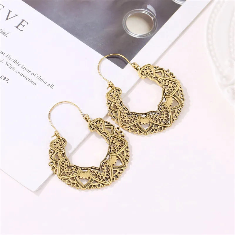 Retro Gold Tone Hoop Earrings with Heart & Filigree Flower Design