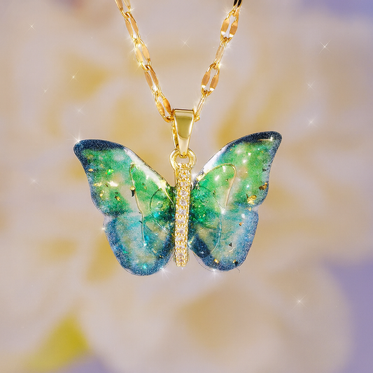 Butterfly Pendant Necklace, Green Iridescent Wings with Gold Accent