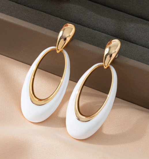 Modern White and Gold Oval Dangle Earrings Sophisticated Look