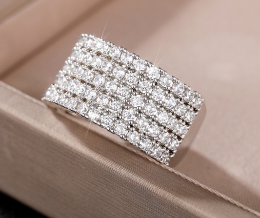 Glamorous 11mm Wide Zircon Statement Ring -Multi-Row Pave Band