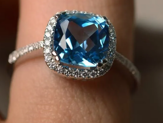 Vibrant Blue Cushion Cut Ring with CZ Halo - Silver Tone Band