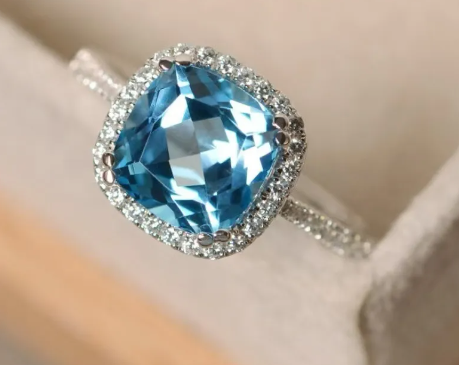 Vibrant Blue Cushion Cut Ring with CZ Halo - Silver Tone Band