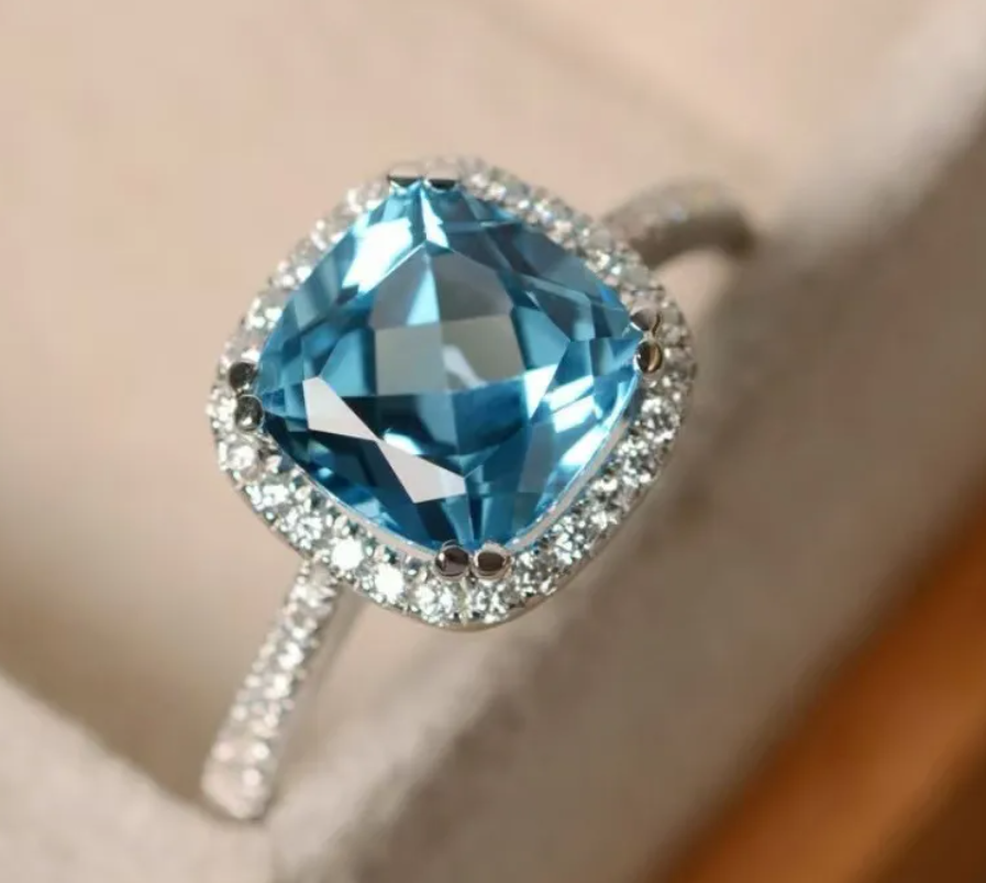 Vibrant Blue Cushion Cut Ring with CZ Halo - Silver Tone Band
