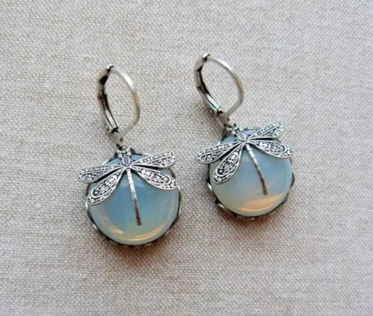 Elegant Dragonfly Earrings with Simulated Moonstone Cabochons