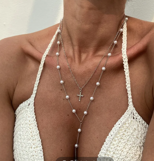Layered Pearl & Cross Necklace - Silver/White Tone Y-Necklace