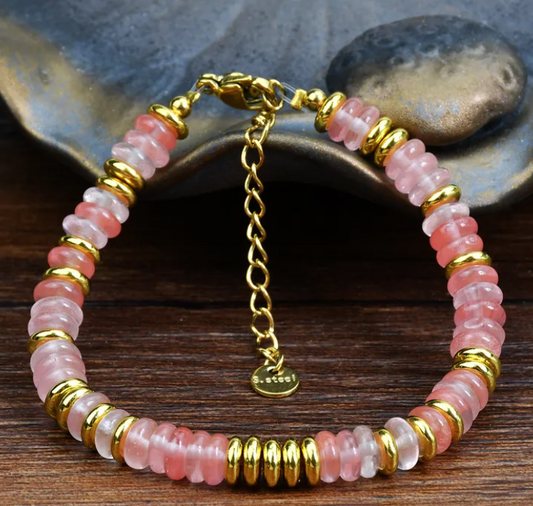 Delicate Pink or Green Crystal and Gold Tone Bracelet - 316L Stainless Steel