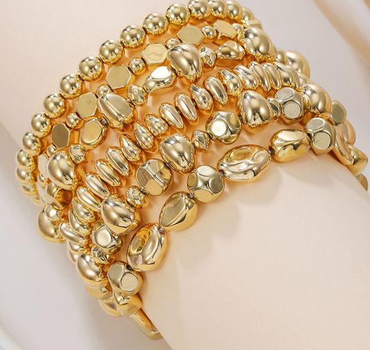 Gold Tone 4-Row Beaded Stretch Bracelet - Vintage Style Fashion Jewelry