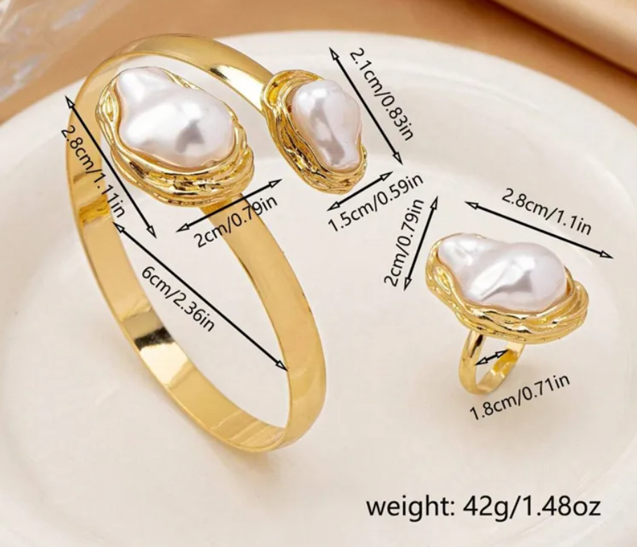 Elegant Geometric Imitation Pearl Gold Tone Bangle & Ring Jewelry Set for Women
